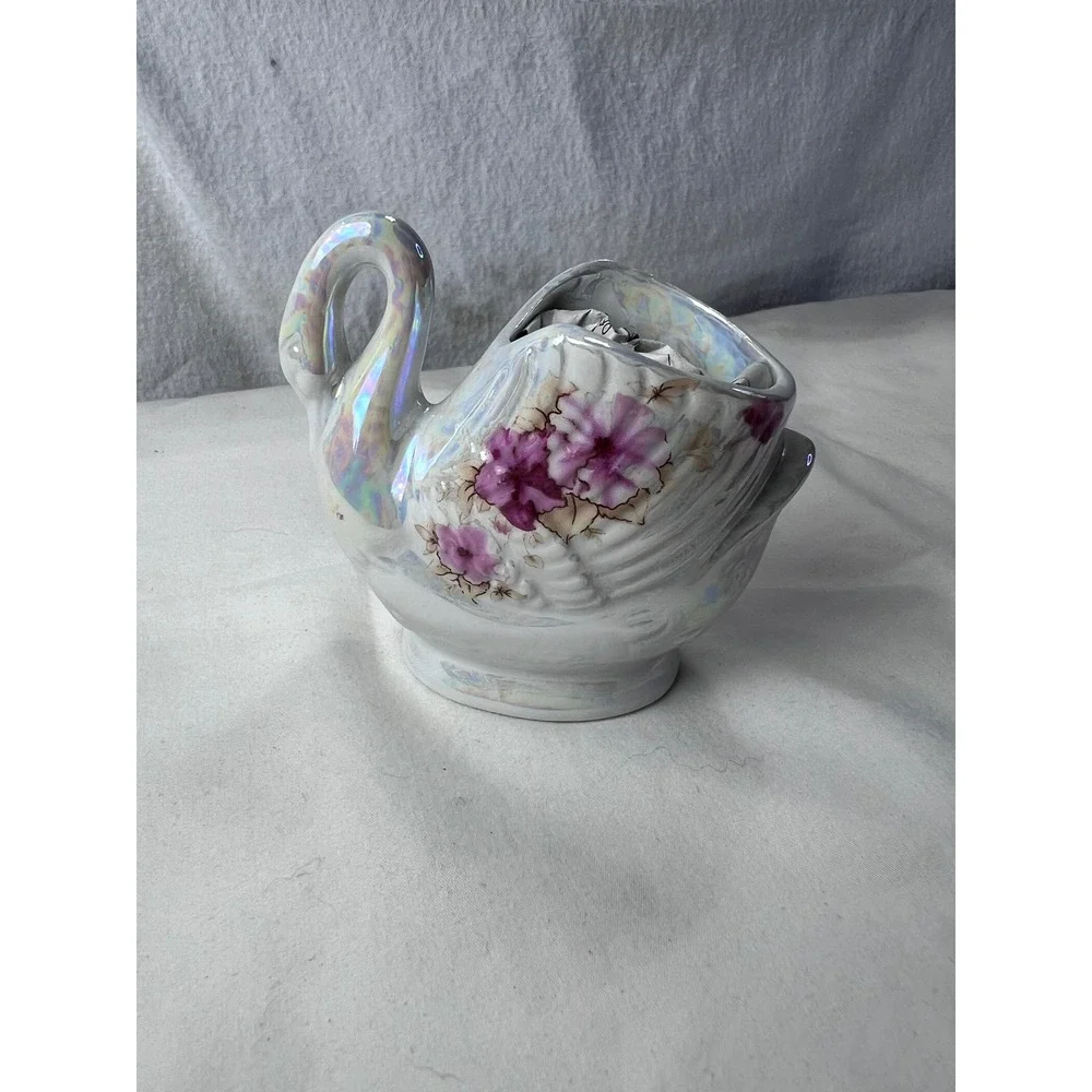 Vintage Iridescent Swan Planter Ceramic Pearl Glaze Purple Floral Made in Taiwan